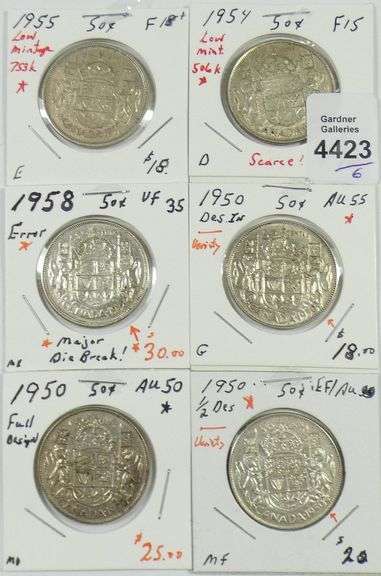 6 CANADIAN SILVER 50-CENT COINS