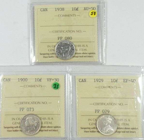 3 GRADED CANADIAN SILVER 10-CENTS