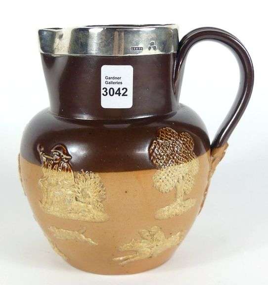 ANTIQUE DOULTON LAMBETH JUG/PITCHER WITH SILVER  COLLAR