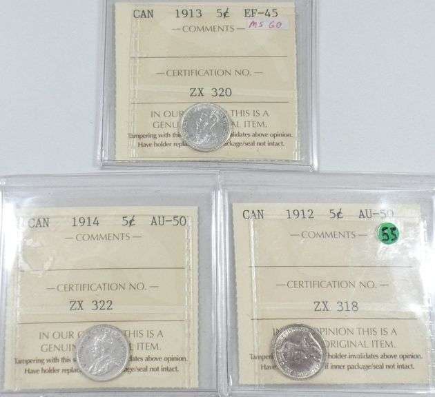 7 GRADED CANADIAN SILVER 5-CENTS