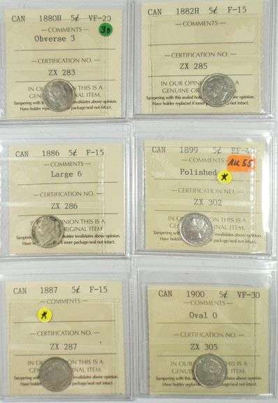 6 GRADED CANADIAN SILVER 5-CENTS