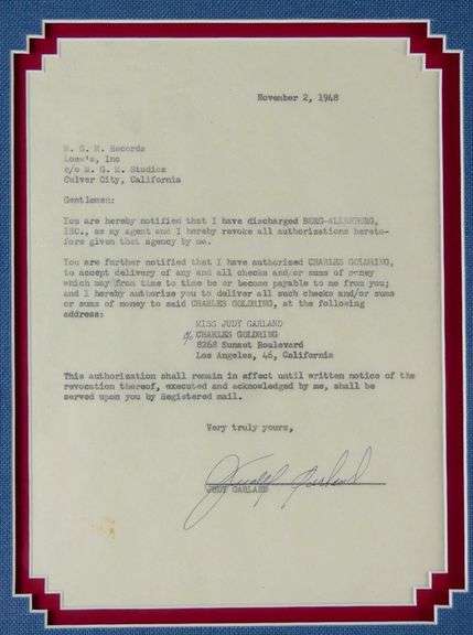 EXTREMELY RARE AUTOGRAPHED DOCUMENT BY JUDY GARLAND