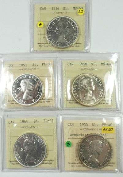 5 GRADED CANADIAN SILVER DOLLARS