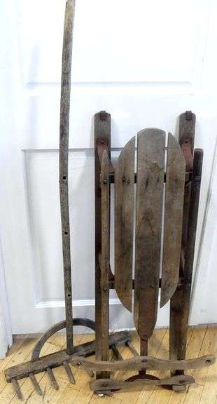 PRIMITIVE HAND TOOLS, WOOD PLANER, SLEIGH, ETC.