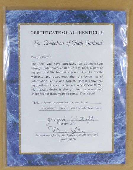 EXTREMELY RARE AUTOGRAPHED DOCUMENT BY JUDY GARLAND