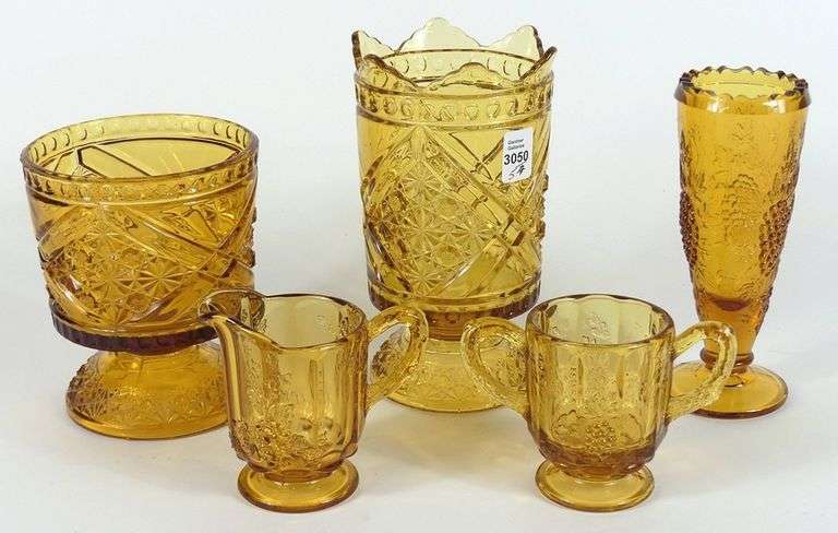 5 FINE EXAMPLES OF ANTIQUE AMBER GLASS