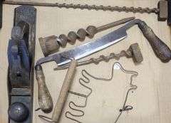 PRIMITIVE HAND TOOLS, WOOD PLANER, SLEIGH, ETC.