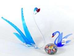 ART GLASS SWANS & PAPERWEIGHT
