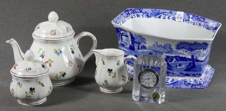 PORCELAIN TEA SET, WATERFORD CLOCK, ETC.