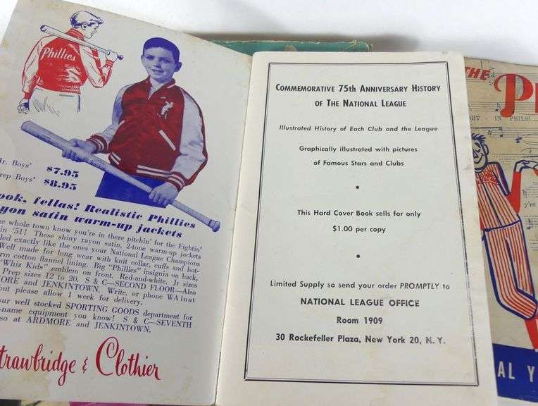 VINTAGE BASEBALL VOLUMES & TWO ORIGINAL 1950/51 PHILLIES YEAR BOOKS