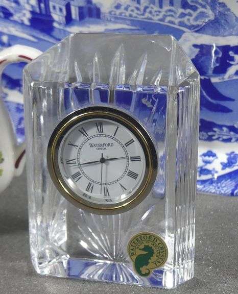 PORCELAIN TEA SET, WATERFORD CLOCK, ETC.