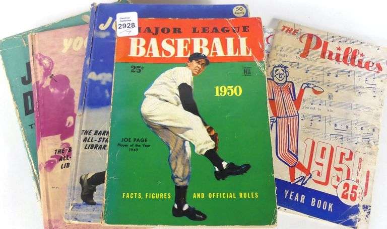 VINTAGE BASEBALL VOLUMES & TWO ORIGINAL 1950/51 PHILLIES YEAR BOOKS