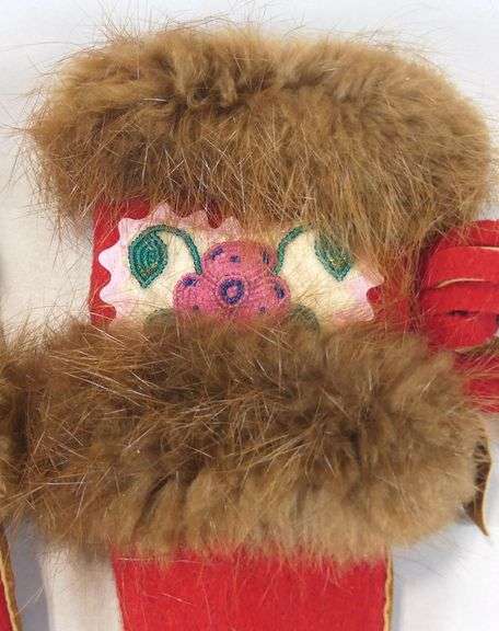 PAIR FUR & EMBROIDERED MITTENS