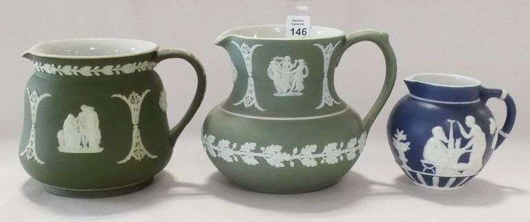 THREE JASPER WARE JUGS