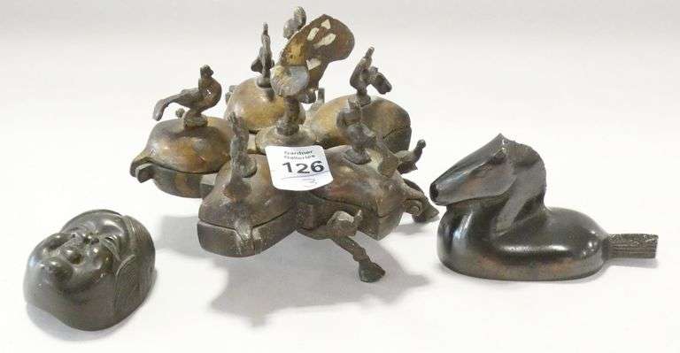 BRONZE OPIUM BOX AND TWO WEIGHTS