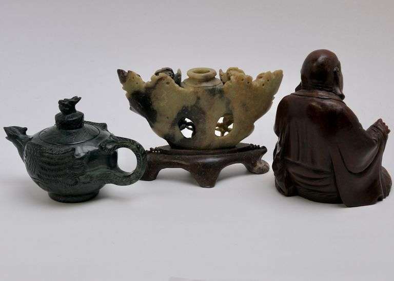 BUDDHA TEAPOT AND SOAPSTONE CARVING