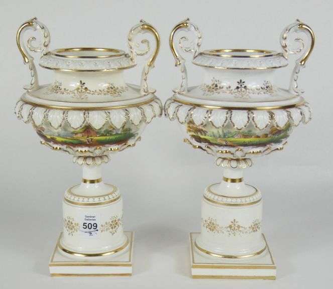 PAIR ANTIQUE PORCELAIN URNS