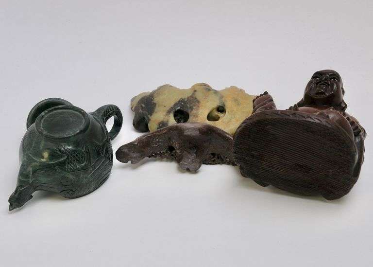 BUDDHA TEAPOT AND SOAPSTONE CARVING