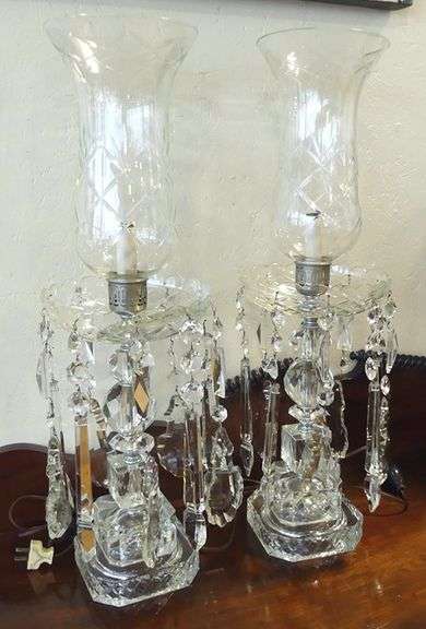 PAIR OF CRYSTAL LUSTRE HURRICANE LAMPS