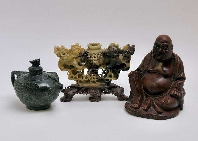 BUDDHA TEAPOT AND SOAPSTONE CARVING