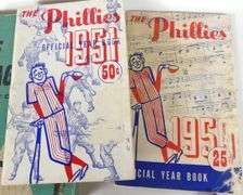 VINTAGE BASEBALL VOLUMES & TWO ORIGINAL 1950/51 PHILLIES YEAR BOOKS