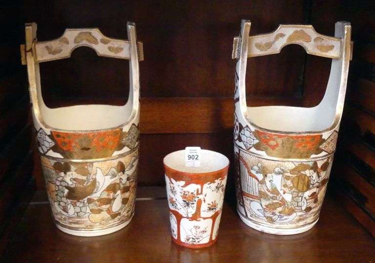PAIR OF SATSUMA BASKETS AND KUTANI TUMBLER