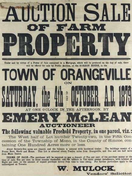 1879 ONTARIO AUCTION BROADSIDE