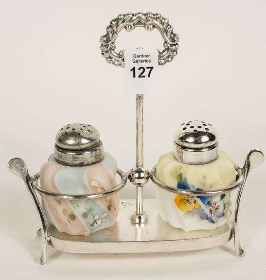 PAIR OF MT. WASHINGTON GLASS SHAKERS ON STAND