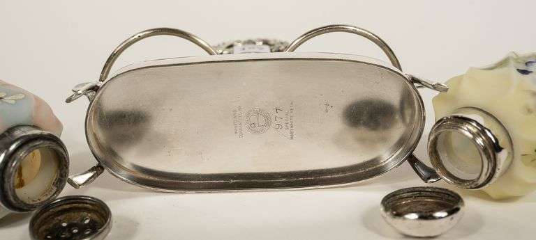 PAIR OF MT. WASHINGTON GLASS SHAKERS ON STAND