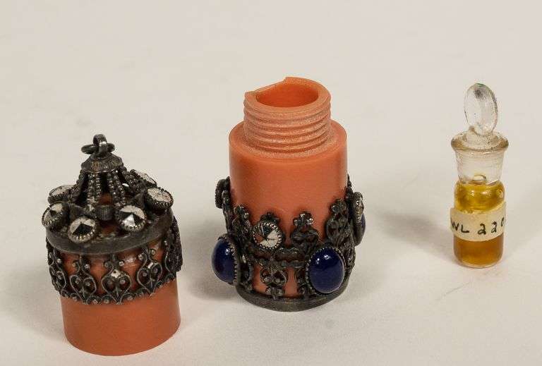 THREE SCENT BOTTLES AND ATOMIZER