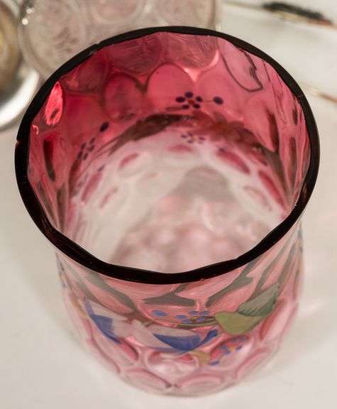 CRANBERRY TO CLEAR GLASS PICKLE CRUET