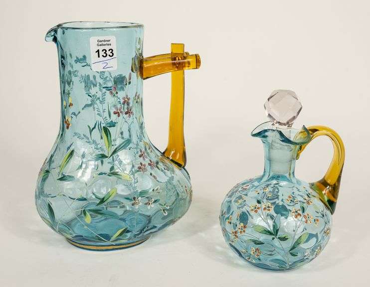 BLUE GLASS PITCHER AND CRUET