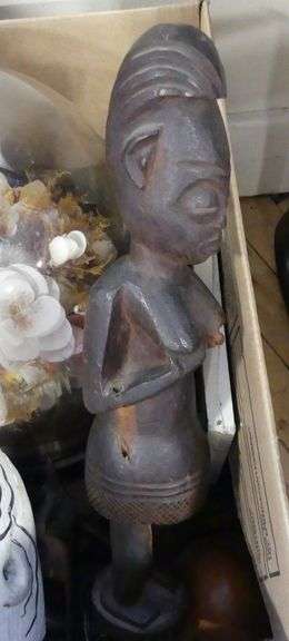 BOX LOT OF WOOD CARVINGS, GLASS DOME, ETC.