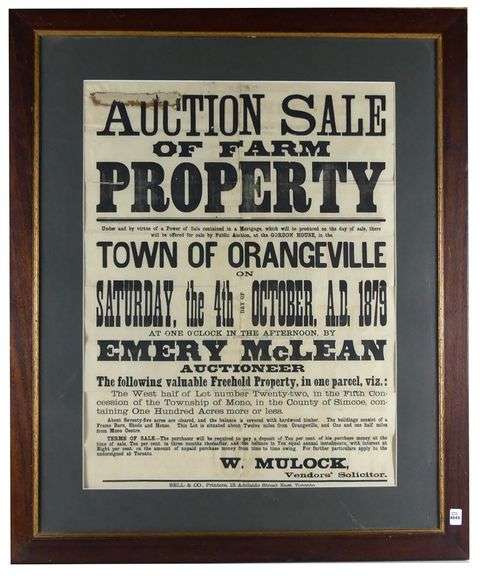 1879 ONTARIO AUCTION BROADSIDE
