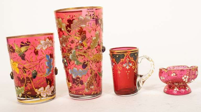 FOUR PIECES OF CRANBERRY GLASS