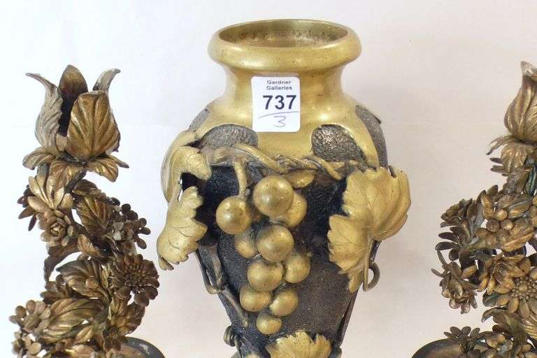 GILDED METAL CANDLESTICKS AND BRONZE VASE