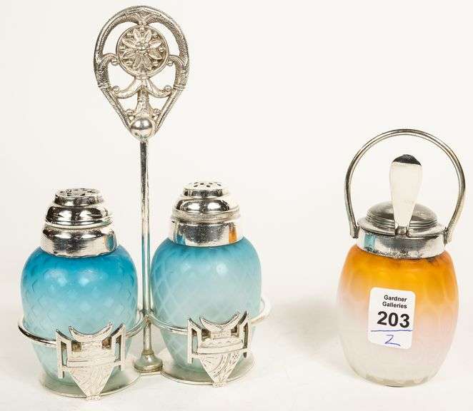 QUILTED SATIN GLASS SHAKERS AND CONDIMENT POT