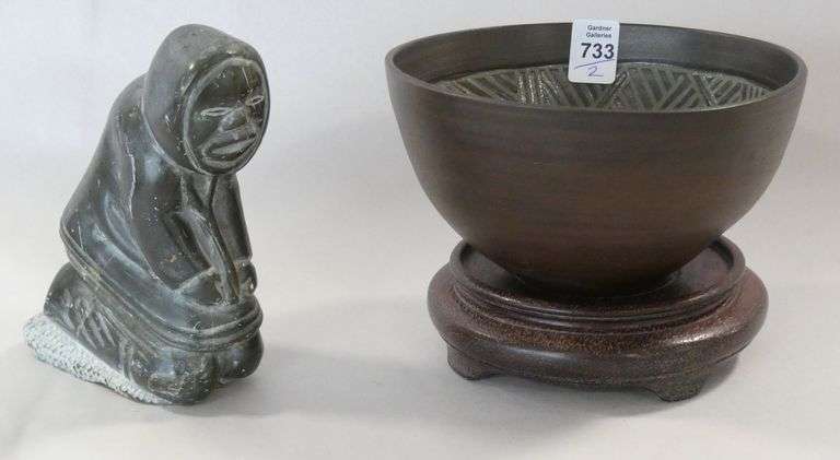 INUIT SOAPSTONE CARVING AND INDIGENOUS POTTERY BOWL