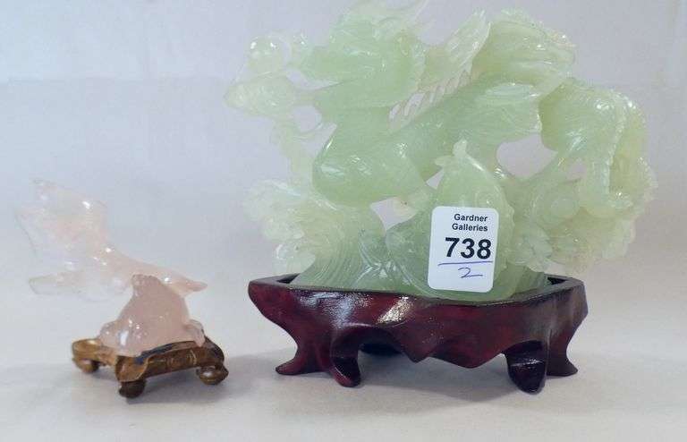 CHINESE GREEN JADE AND PINK QUARTZ CARVINGS