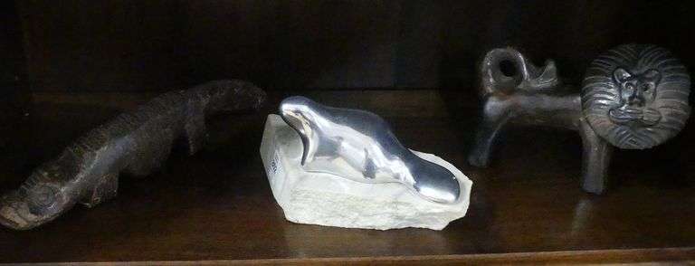 TWO POTTERY FIGURINES AND METAL SCULPTURE