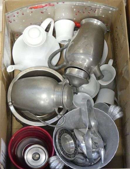 BOX LOT OF PEWTER, COFFEE SET, ETC.