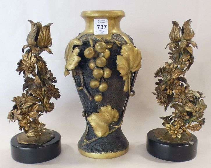 GILDED METAL CANDLESTICKS AND BRONZE VASE