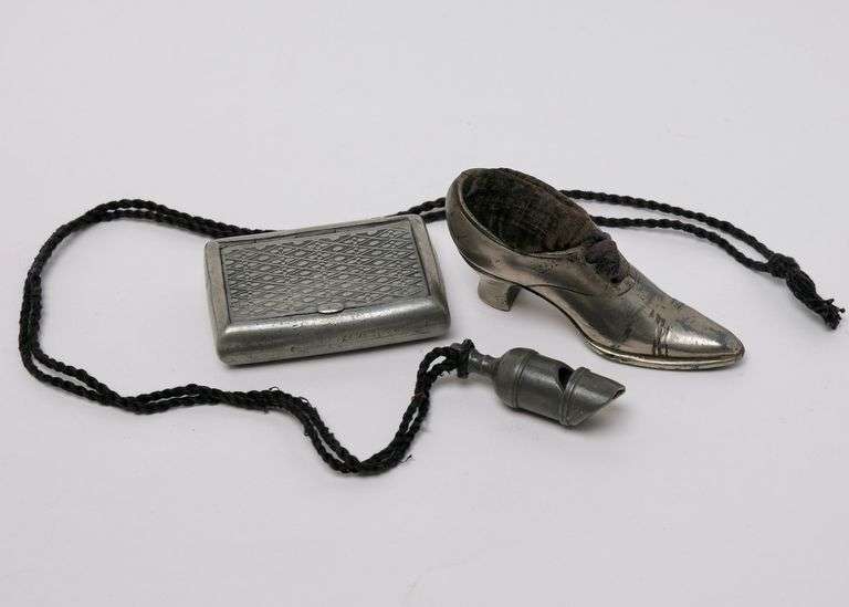 PINCUSHION, SHOE, SNUFF BOX AND WHISTLE
