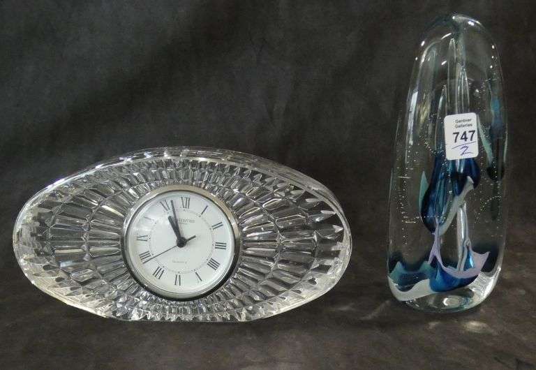 WATERFORD CLOCK AND ART GLASS SCULPTURE