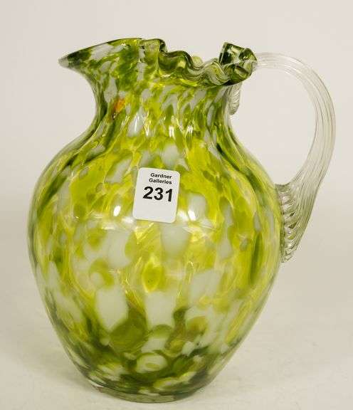 GREEN SPATTER GLASS PITCHER