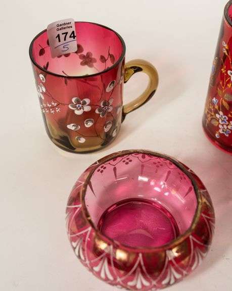 FIVE PIECES OF CRANBERRY GLASS