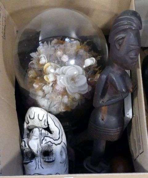 BOX LOT OF WOOD CARVINGS, GLASS DOME, ETC.