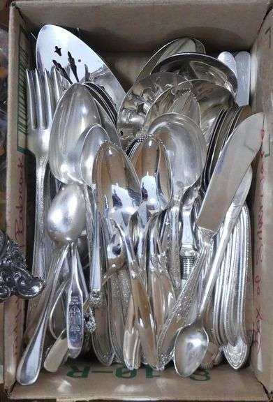 BOX LOT OF SILVER PLATE AND CUTLERY