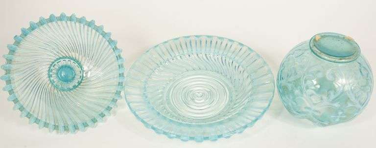 OPALESCENT GLASS BUTTER DISH AND VASE
