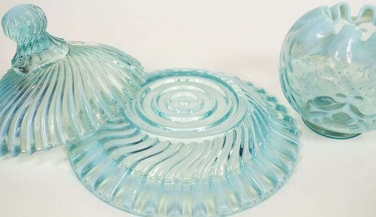 OPALESCENT GLASS BUTTER DISH AND VASE